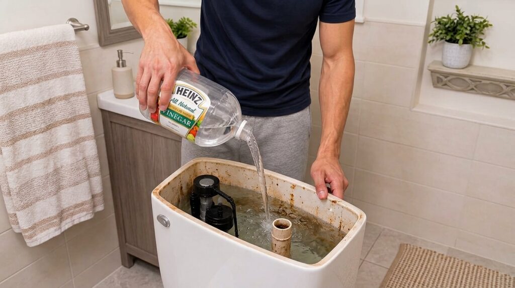 A person s hands pouring clear liquid from a large Heinz Distilled White Vinegar bottle into the open tank of a toilet w