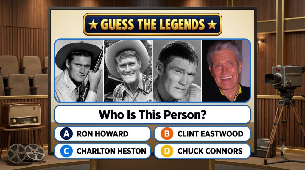 A quiz interface showing four portraits of Chuck Connors at different ages with the text GUESS THE LEGENDS and multiple-