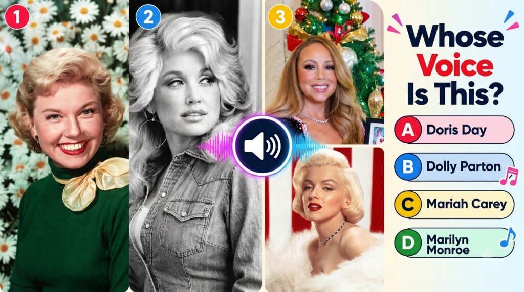 A vibrant vertical collage-style quiz titled Whose Voice Is This featuring headshots of Doris Day Dolly Parton Mariah Ca