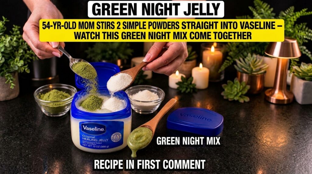 Hands mixing green tea powder and rice powder into a jar of Vaseline with spoons