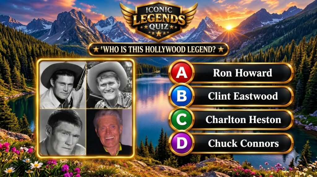 Four black-and-white portraits of Chuck Connors at different ages part of a mobile quiz interface titled Iconic Legends