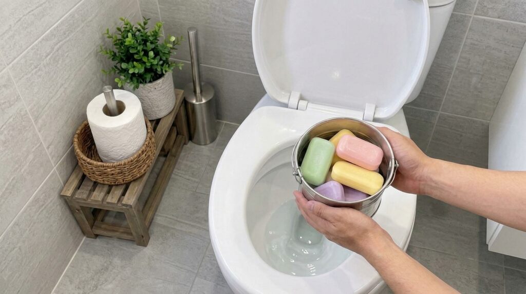 Pair of hands holding a metal bucket filled with pastel-colored bar soaps over an open toilet bowl