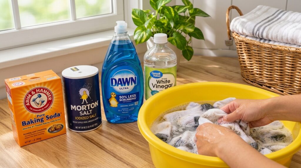 Overhead view of hands scrubbing dirty white socks in a yellow basin with soapy water Baking soda salt dish soap and whi