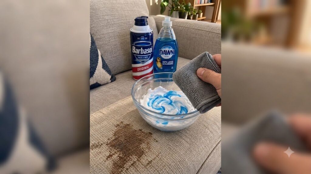 Una mano aplicando una mezcla de crema de afeitar y jabón lavavajillas sobre una mancha en un sofá claro con un paño de 