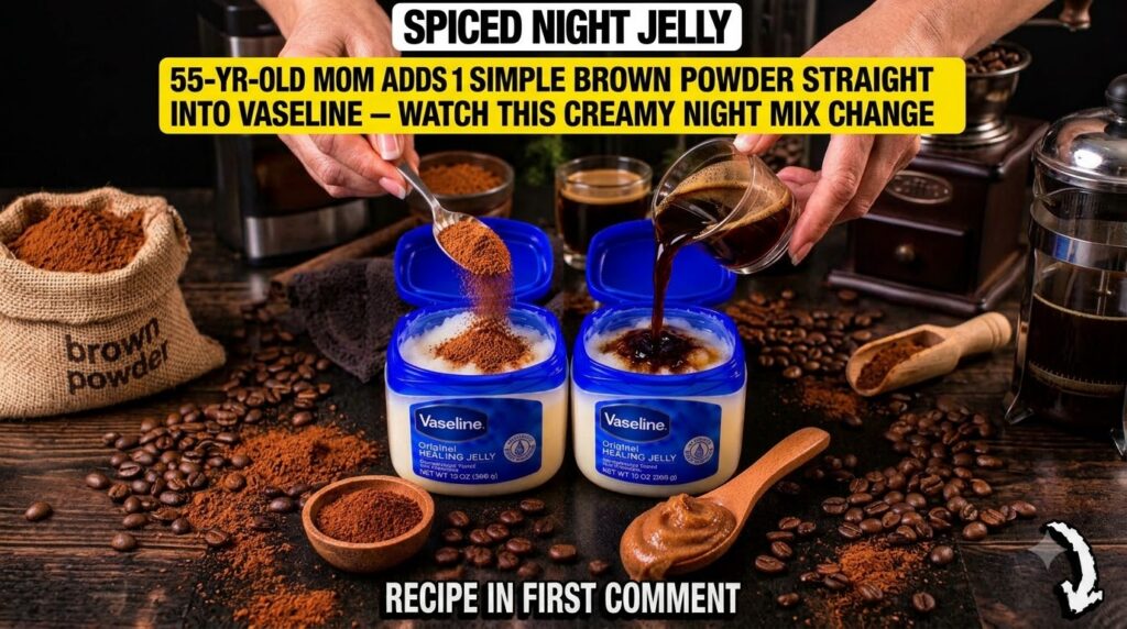 Hands mixing Vaseline coffee and cinnamon in jars to create a spiced night jelly with coffee beans and cinnamon sticks o
