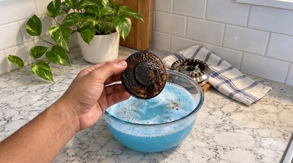 A hand holding a heavily soiled black stove burner cap positioned above a glass bowl filled with vibrant blue foamy clea