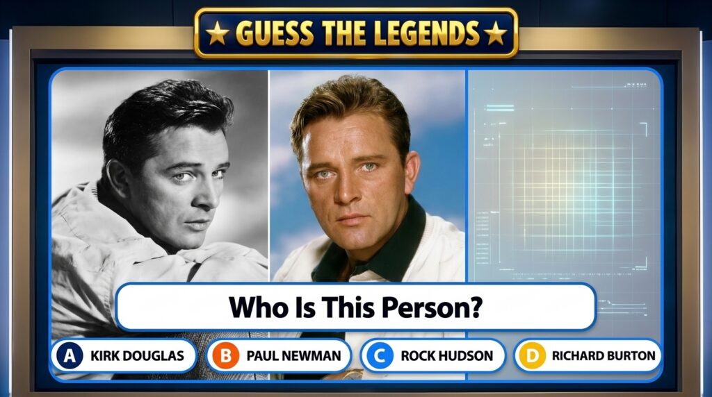 A mobile quiz interface titled Guess The Legends showing two classic male actors Paul Newman and Richard Burton with the