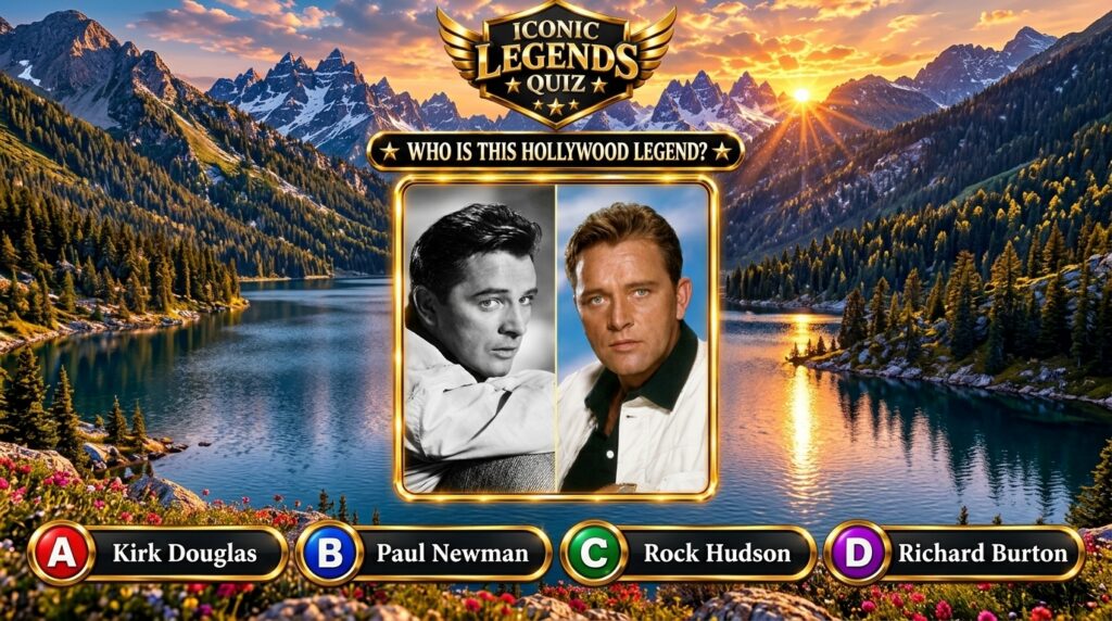 A vintage-style quiz interface titled Iconic Legends Quiz asking Who is this Hollywood Legend It features two black-and-