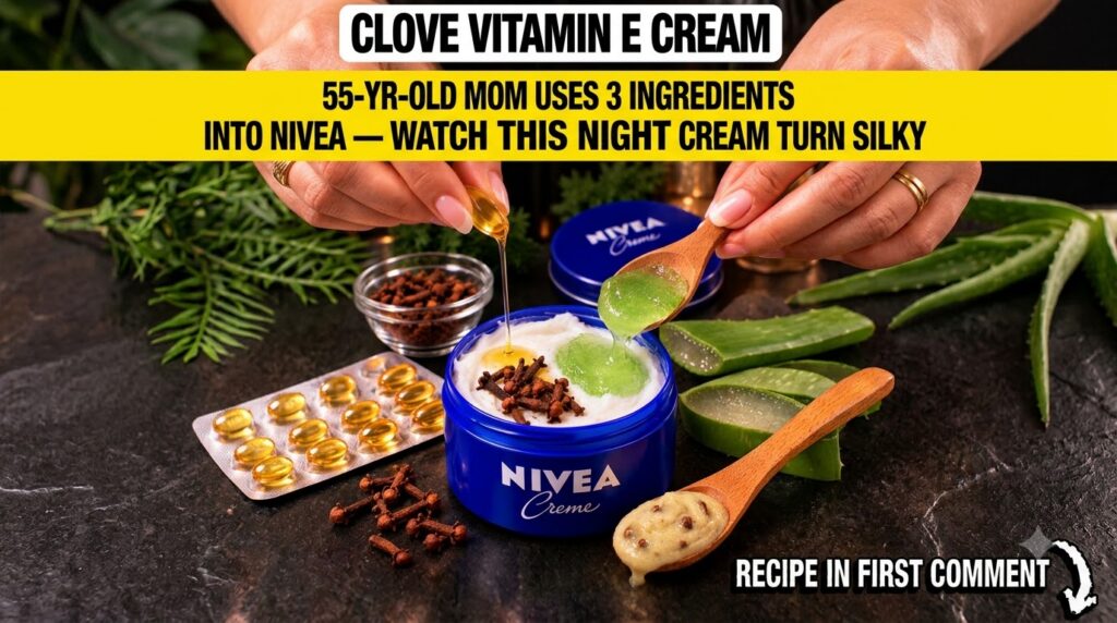 Hands mixing Nivea Creme with aloe vera gel vitamin E oil and cloves in a blue jar set against a dark background