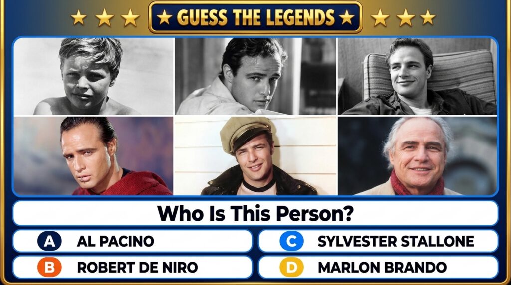 A Guess The Legends quiz featuring a 2x3 grid of six photographs showing Marlon Brando at different ages from childhood 