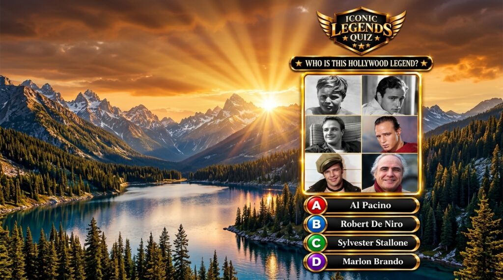 A mobile quiz game interface featuring a 3x2 grid of Marlon Brando s portraits from different life stages with multiple-