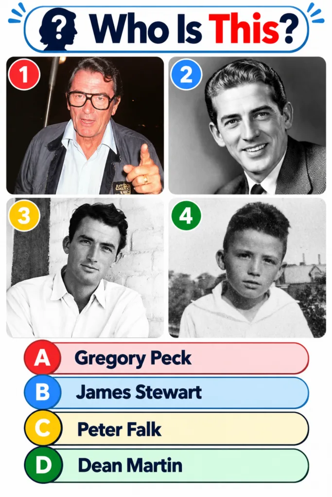 A quiz graphic titled Who Is This featuring four portraits of Cary Grant at different ages and four multiple-choice opti