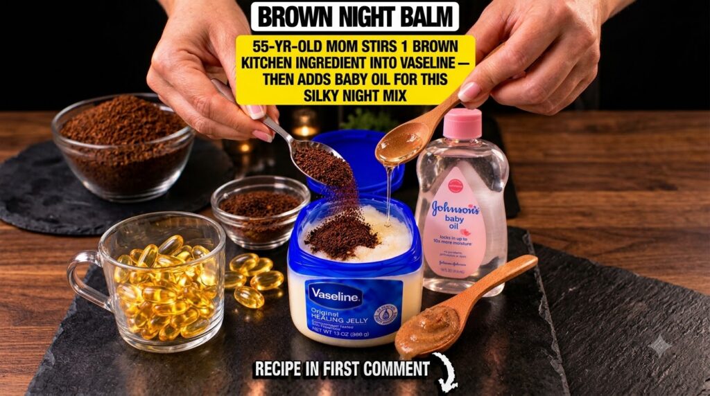 Close-up of hands mixing coffee grounds and baby oil into Vaseline in a small tub on a dark surface with coffee grounds 