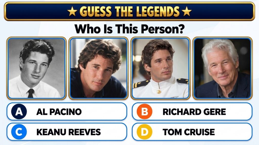 A four-panel quiz graphic featuring different age portraits of Richard Gere challenging viewers to identify the Hollywoo