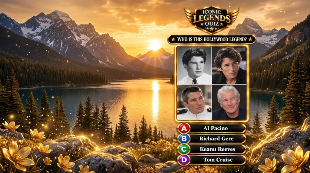 A four-panel quiz image showing Richard Gere at different ages with multiple-choice options below The background feature