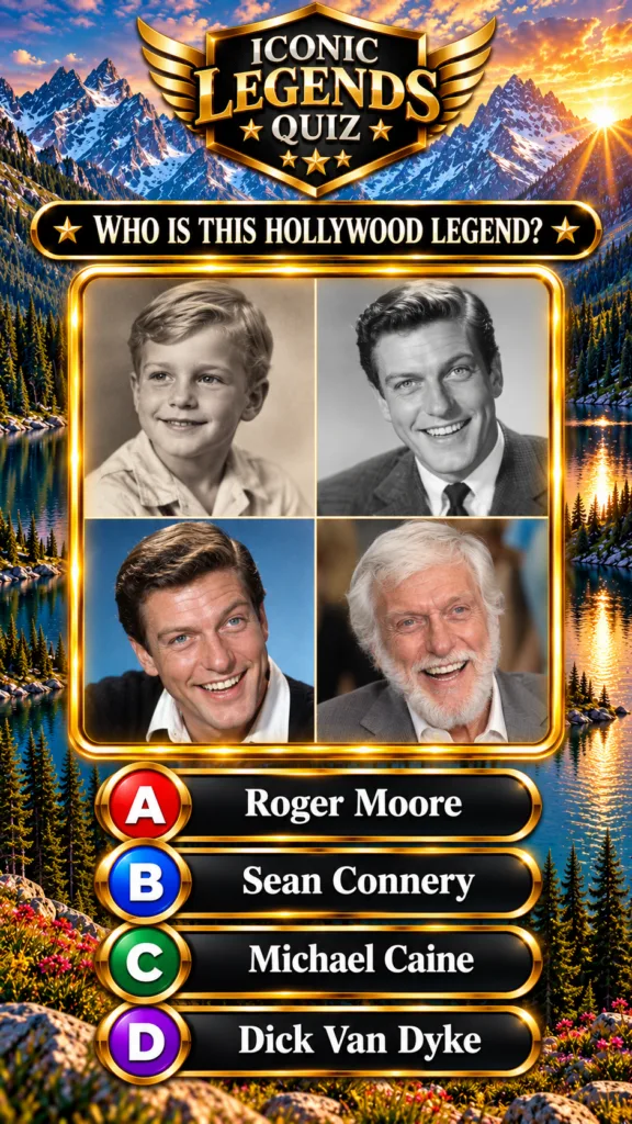 A four-panel life progression quiz graphic of Dick Van Dyke showing him from youth to old age against a mountain lake su