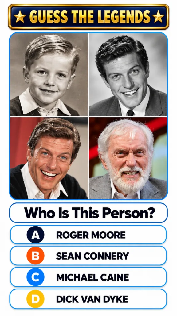A mobile quiz game interface titled Guess The Legends showing four portraits of Dick Van Dyke at different ages in a 2x2