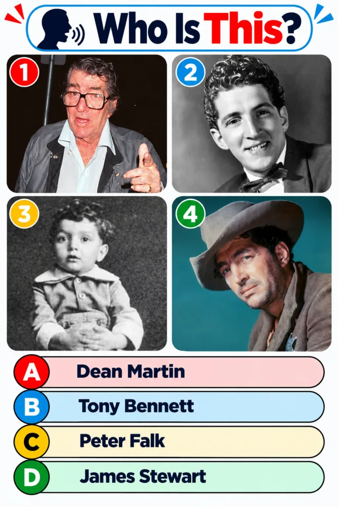 A multiple-choice quiz image showing four distinct photographs of Dean Martin at various stages of his life as an older 