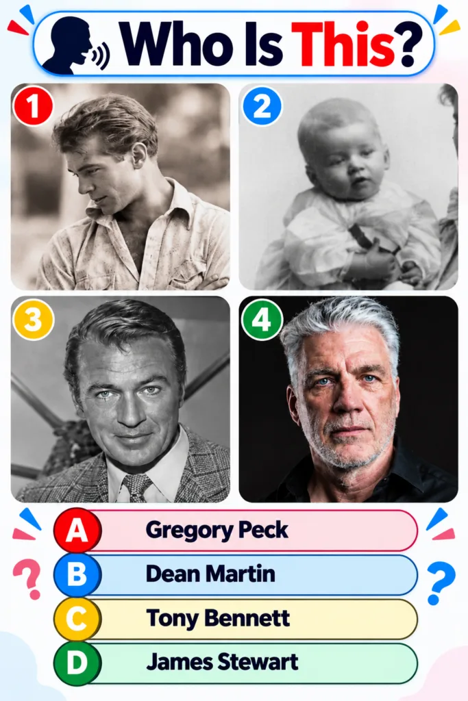 A Who Is This quiz featuring four framed photographs of a man across different ages Image 1 young man in sepia Image 2 b
