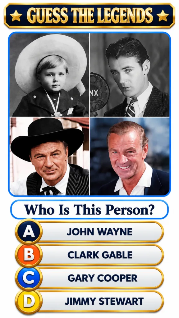 A quiz game interface titled Guess The Legends showing a 2x2 grid with four classic male actors with the question Who Is