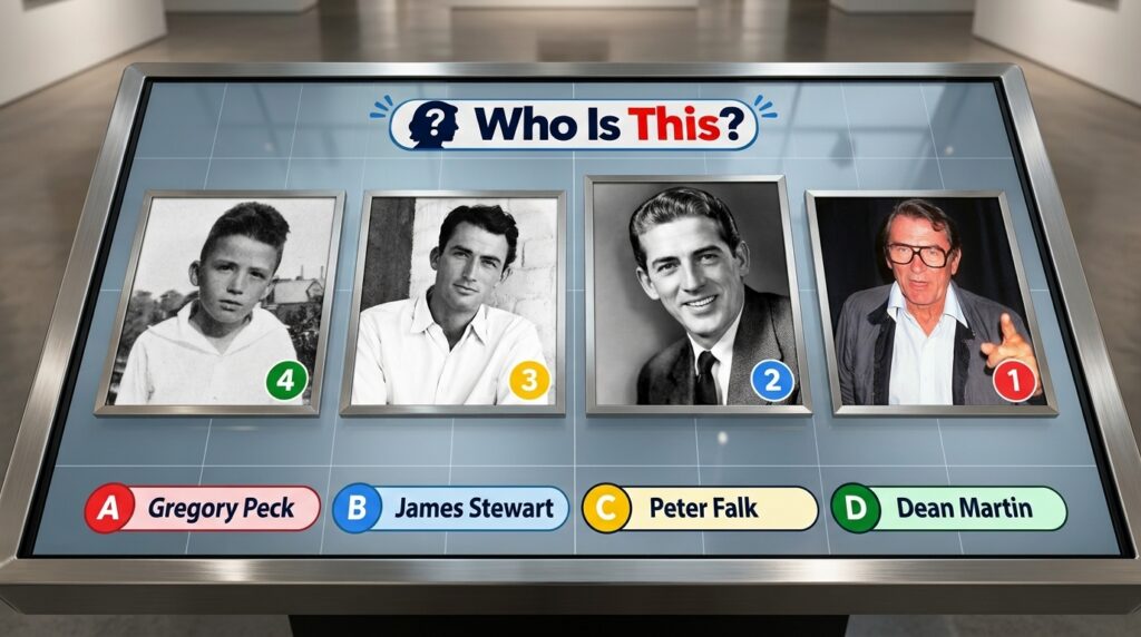 A multiple-choice quiz image with Who Is This header featuring four distinct black and white photos of Humphrey Bogart a