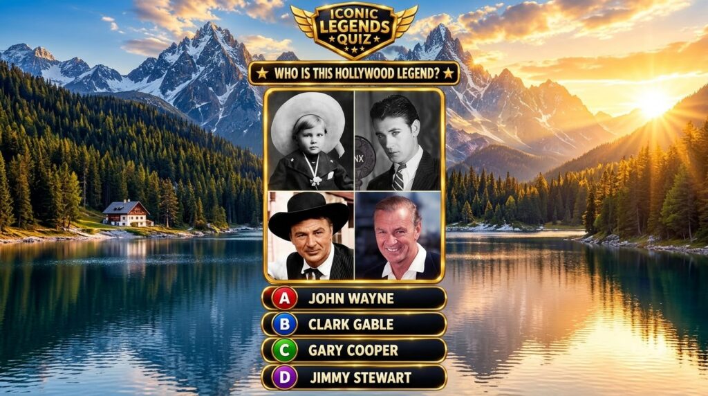 A quiz interface showing four images of a male Hollywood actor at different ages with a mountain lake background Below t
