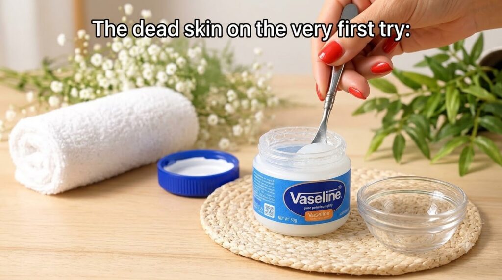 A hand with red nail polish scooping pure petroleum jelly from a Vaseline jar into a small glass bowl An empty small gla