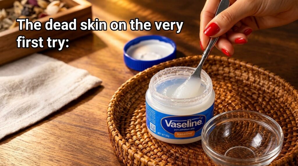 A hand with red nail polish scooping Vaseline from a jar with a small metal spoon with the jar on a woven mat