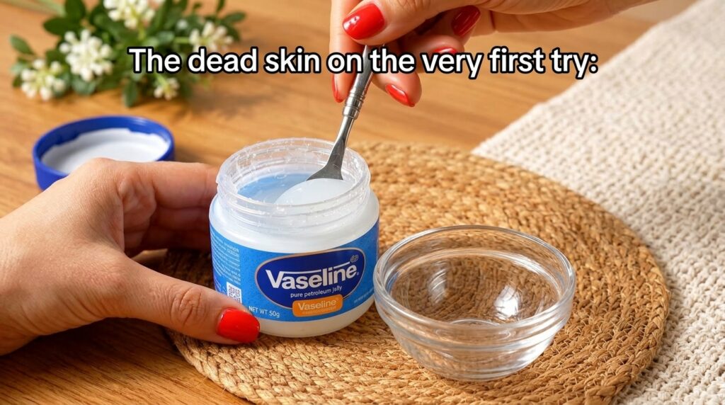A hand with red manicured nails holding a small spoon scooping Vaseline pure petroleum jelly from its jar with an open b