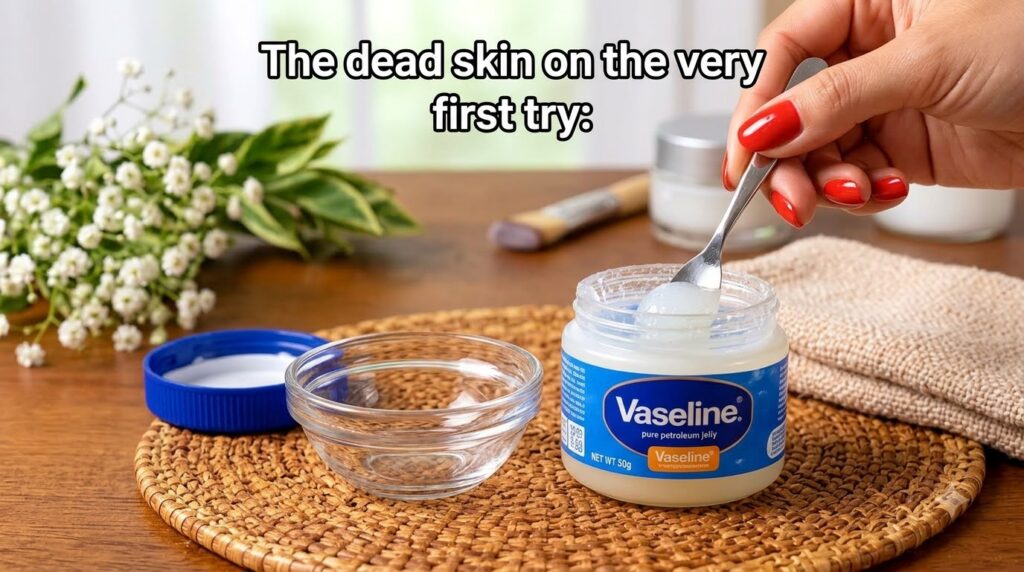 A hand with red manicured nails holding a small spoon scooping Vaseline petroleum jelly from its jar with an empty glass