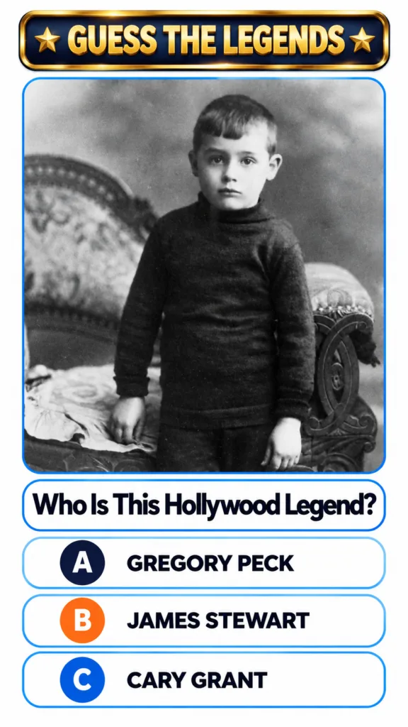 A black and white portrait of a serious-looking young boy the subject of a GUESS THE LEGENDS quiz standing next to an or