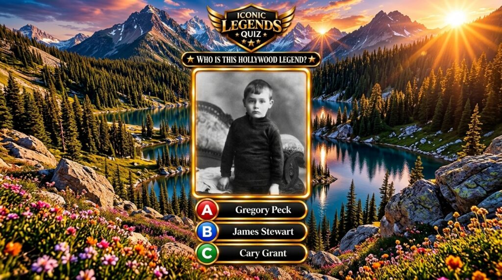 A mobile quiz game interface featuring a black and white childhood portrait of a boy framed in gold against a dramatic m