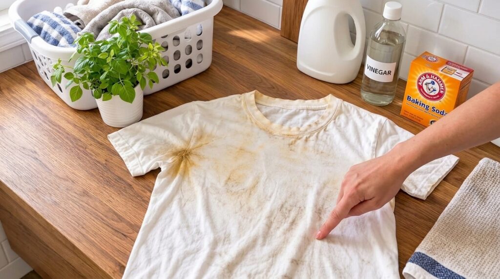 A stained white t-shirt laid on a wooden counter with a hand pointing to the stain In the background a laundry basket wi