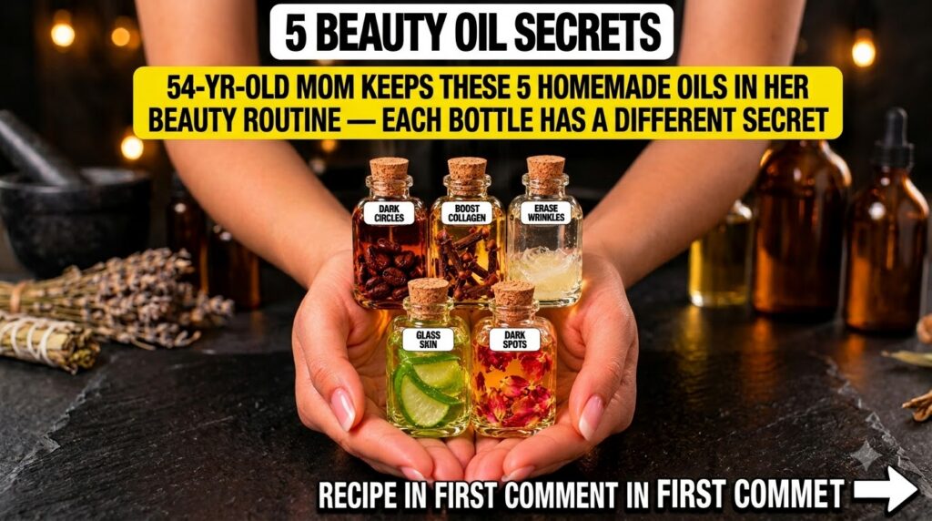 A pair of hands gently cupping five small corked glass bottles containing various natural beauty oils each with differen