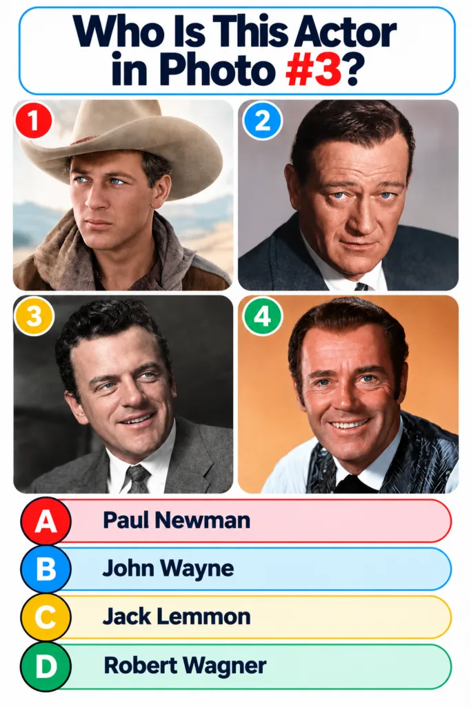 A quiz graphic showing four headshots of classic male actors in a 2x2 grid with a question to identify Actor 3