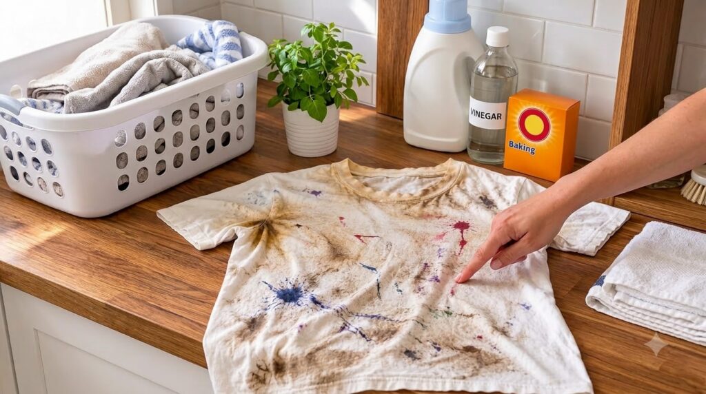 A heavily stained white t-shirt laid flat on a wooden countertop with a hand pointing to a prominent stain surrounded by