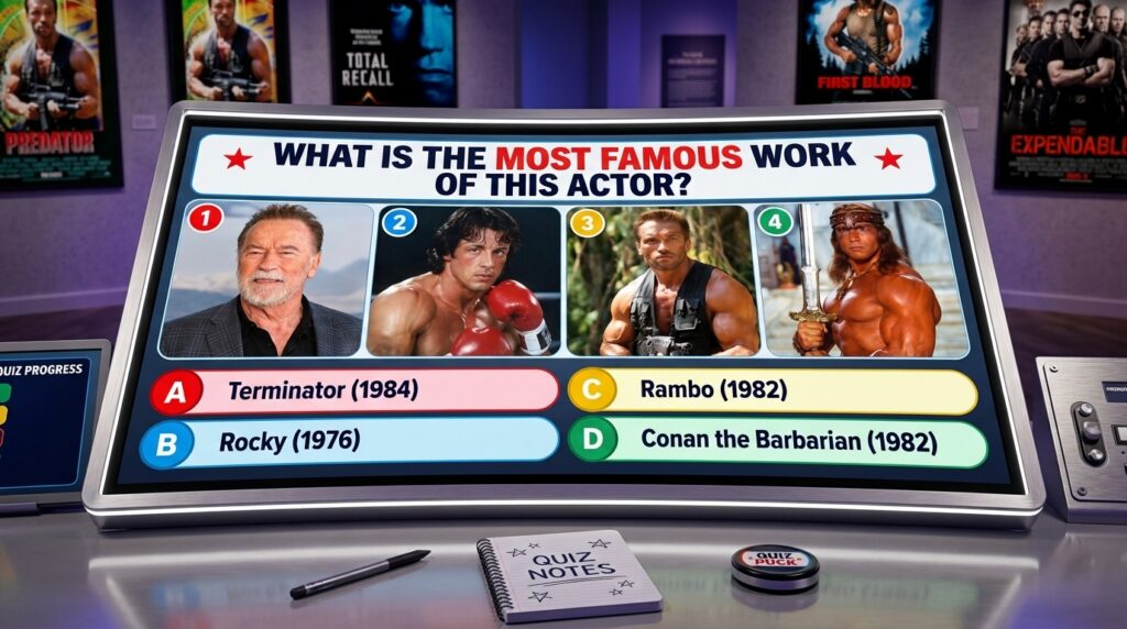 A multiple-choice quiz image featuring Arnold Schwarzenegger with four answer options The main image shows Arnold Schwar