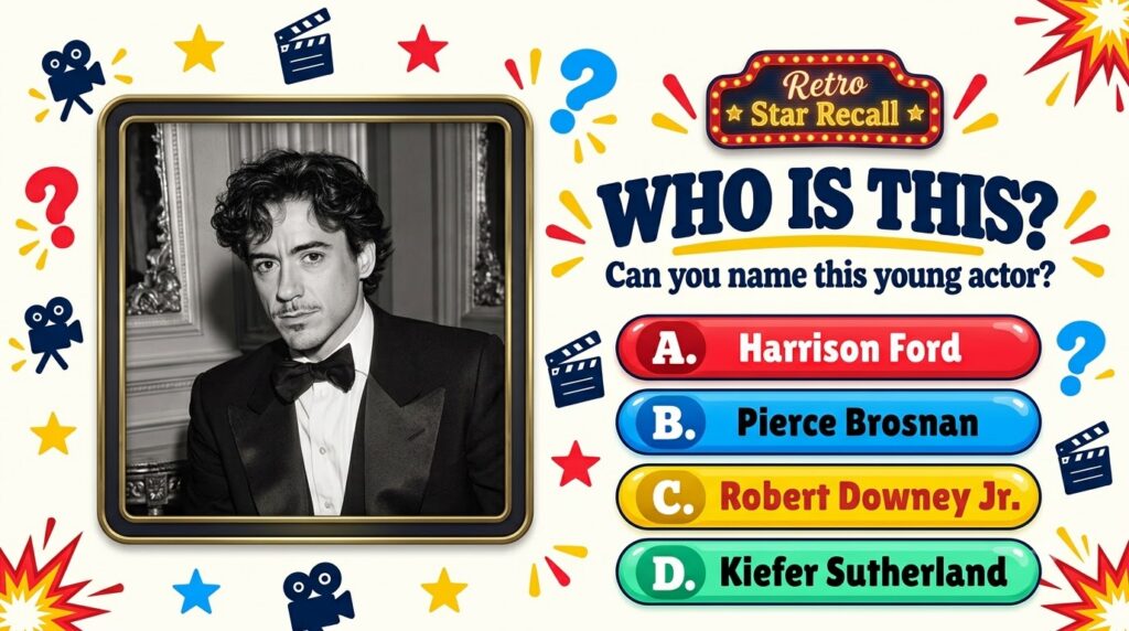 A retro-themed quiz asking WHO IS THIS with a black and white portrait of a young Robert Downey Jr in a tuxedo surrounde