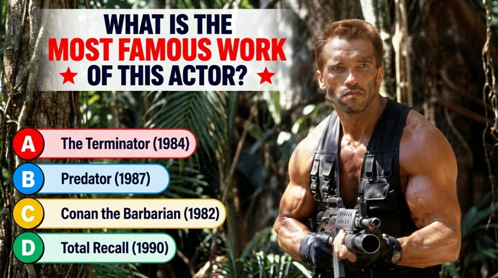 Arnold Schwarzenegger as Dutch in Predator holding a large weapon in a jungle setting for a quiz image