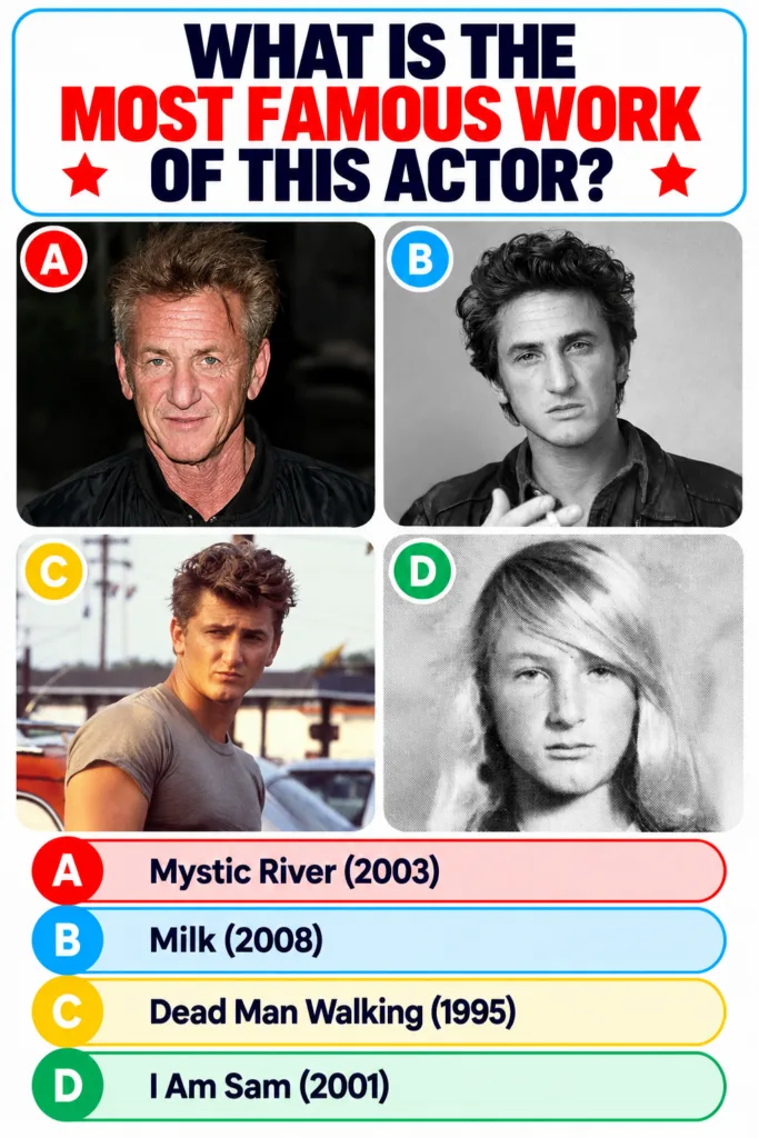 A multiple-choice quiz featuring four different photographic portraits of actor Sean Penn from various stages of his car
