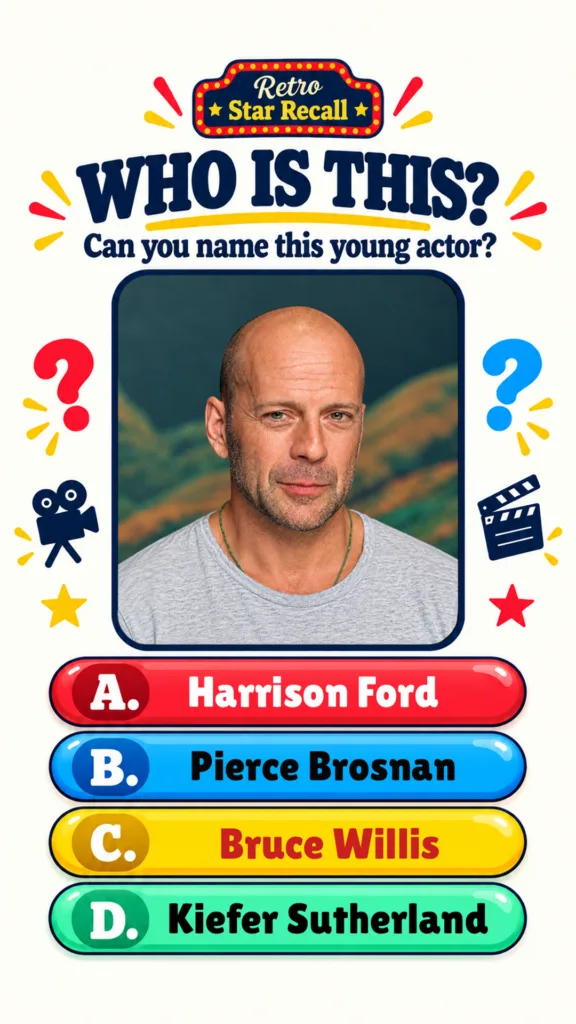 Retro-themed quiz asking to identify a young Bruce Willis with multiple-choice answers