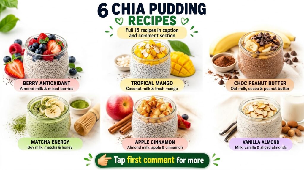 Six colorful chia pudding jars with various toppings like berries mango banana apple and almonds arranged on a white bac