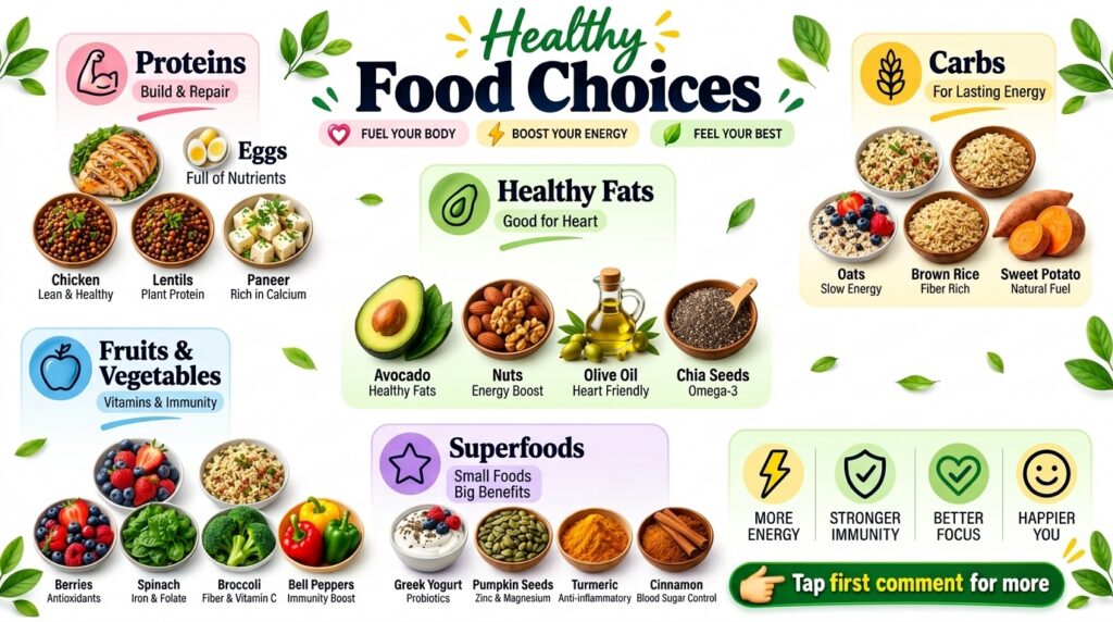 An infographic titled Healthy Food Choices with sections for Proteins Healthy Fats Carbs Fruits Vegetables and Superfood