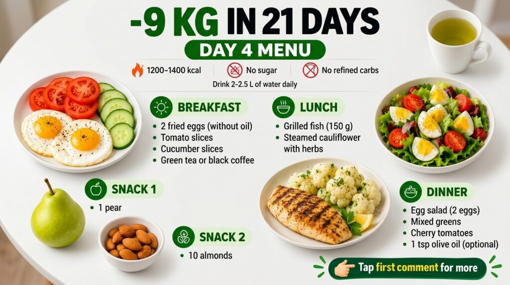 A bright clean infographic displaying a Day 4 Menu with various healthy meals and snacks like fried eggs tomatoes cucumb