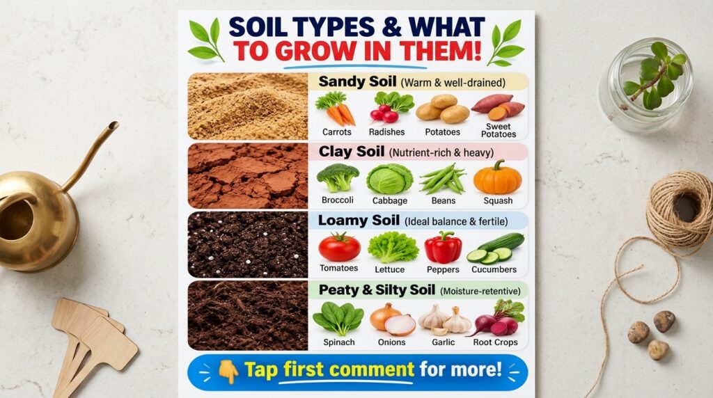 An infographic showing four different soil types sandy clay loamy and peaty silty with examples of vegetables that grow 