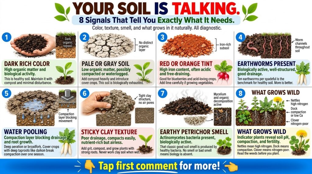 An infographic titled YOUR SOIL IS TALKING presenting 8 different soil conditions Each condition includes a photo a soil