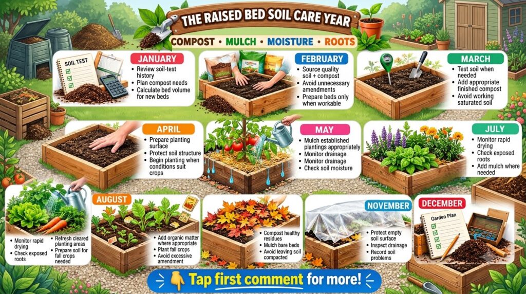 An infographic illustrating a year-long soil care plan for raised garden beds organized by month with specific tasks