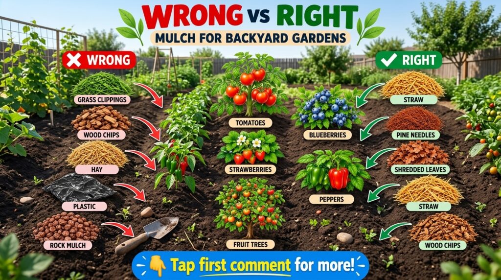 An infographic comparing wrong vs right mulch types for different backyard garden plants like tomatoes blueberries straw