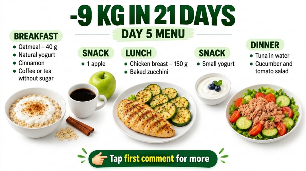 A top-down view of a neatly organized healthy meal plan for a day including oatmeal with cinnamon coffee a green apple g