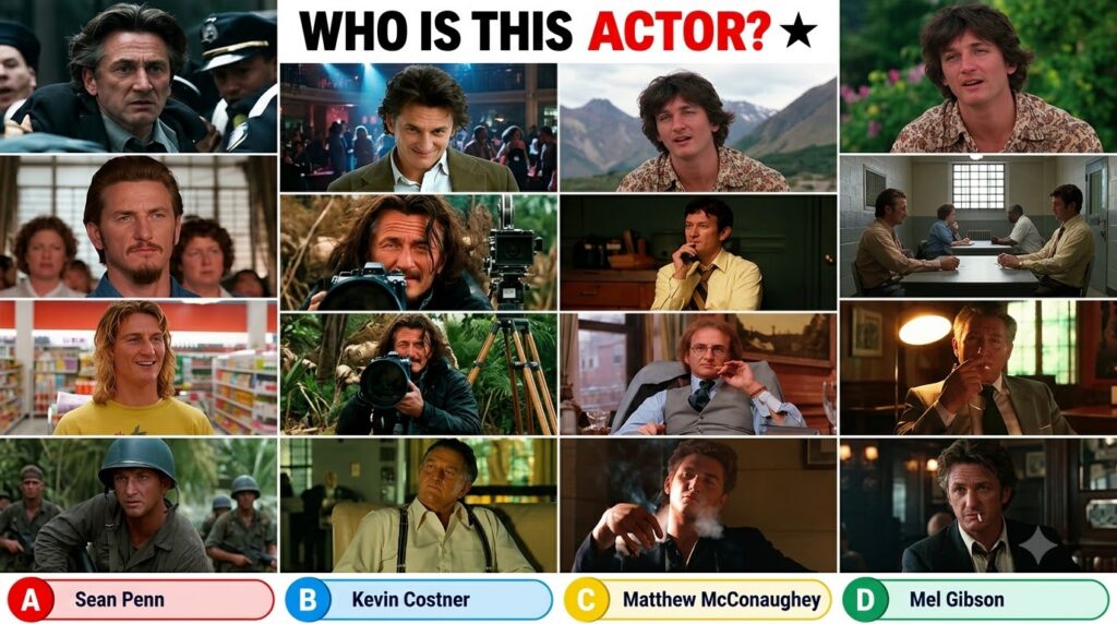 A multiple-choice quiz showing a grid of 12 different headshots and portraits of actor Sean Penn from various film roles